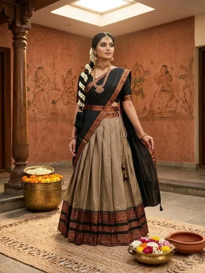 Rani Pink with Green Cotton Silk Lehenga